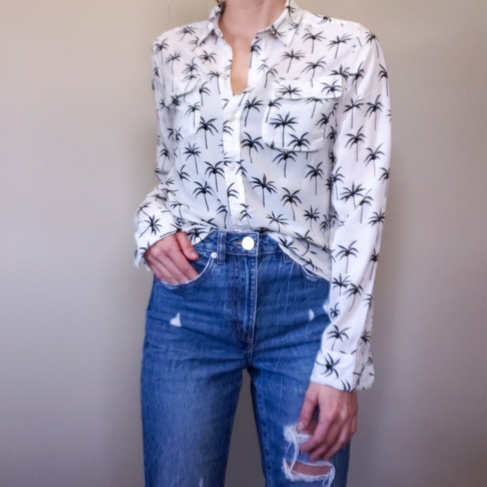 Ae Button Down Collared Palm Tree Blouse White - image 5